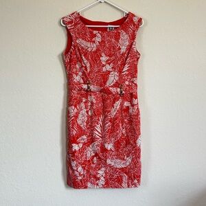 Orange Red Floral Sleeveless Dress with Matching Belt. Size 4